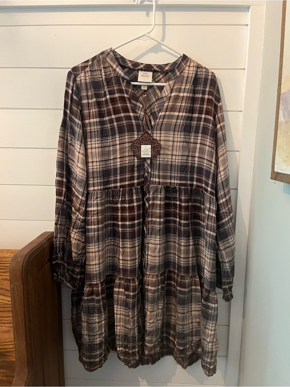 Knox Rose Brown Plaid Long Sleeve Tiered Dress